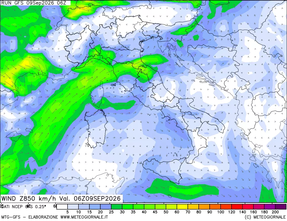 mappa 850 hPa Vento forza e direzione