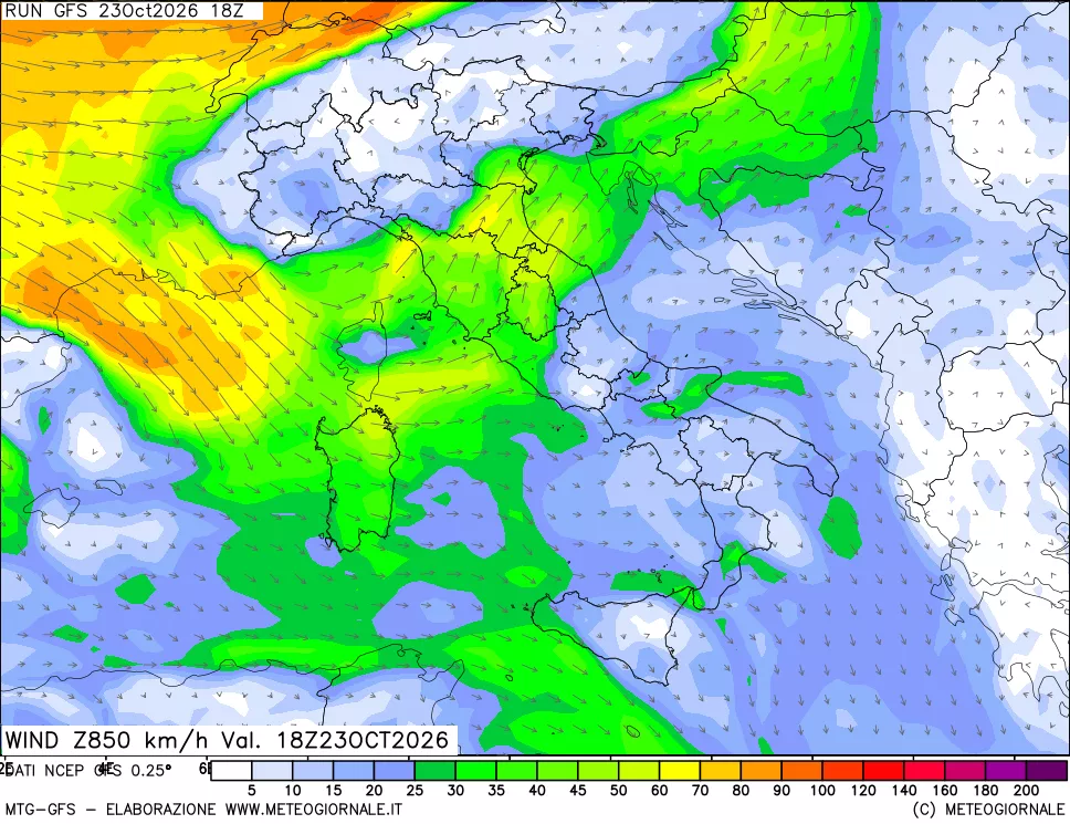 mappa 850 hPa Vento forza e direzione
