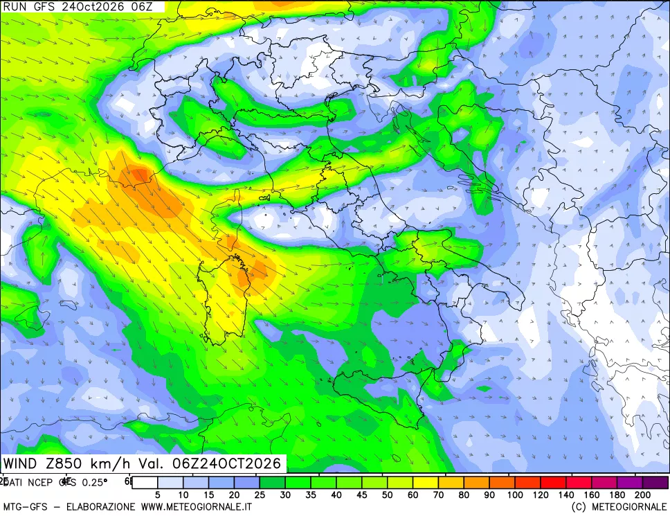 mappa 850 hPa Vento forza e direzione
