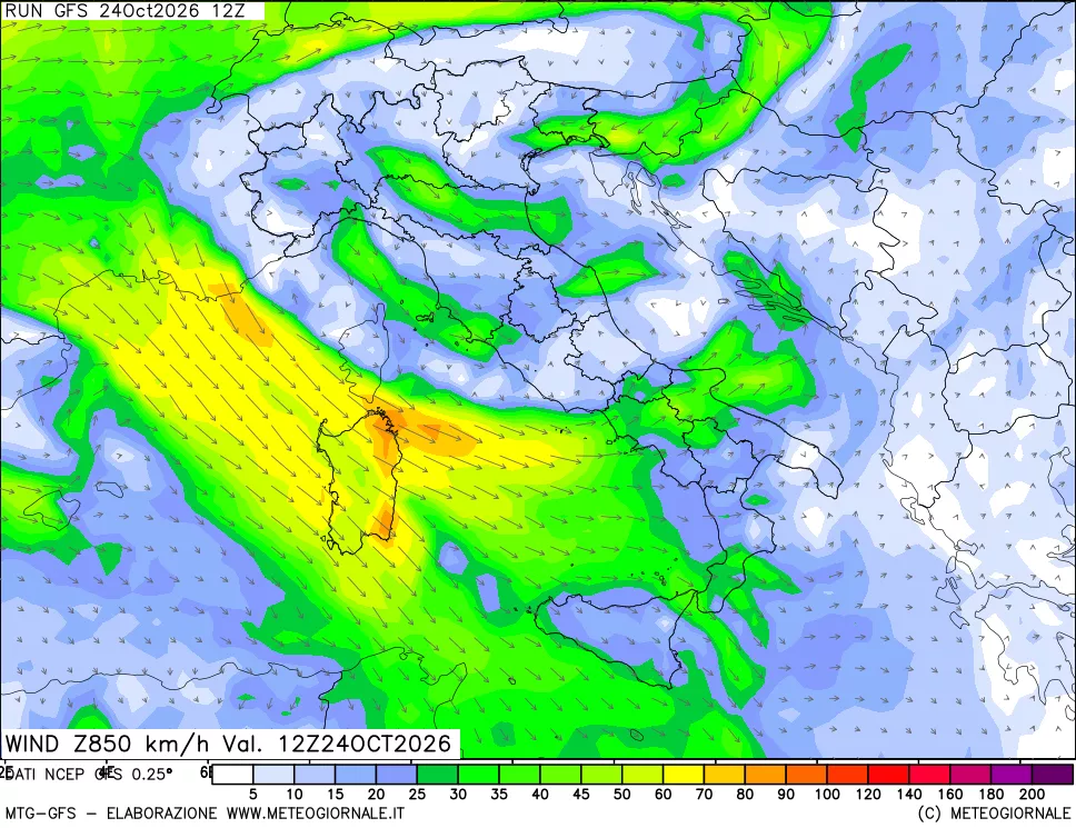 mappa 850 hPa Vento forza e direzione