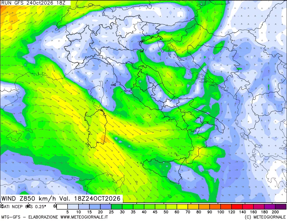 mappa 850 hPa Vento forza e direzione
