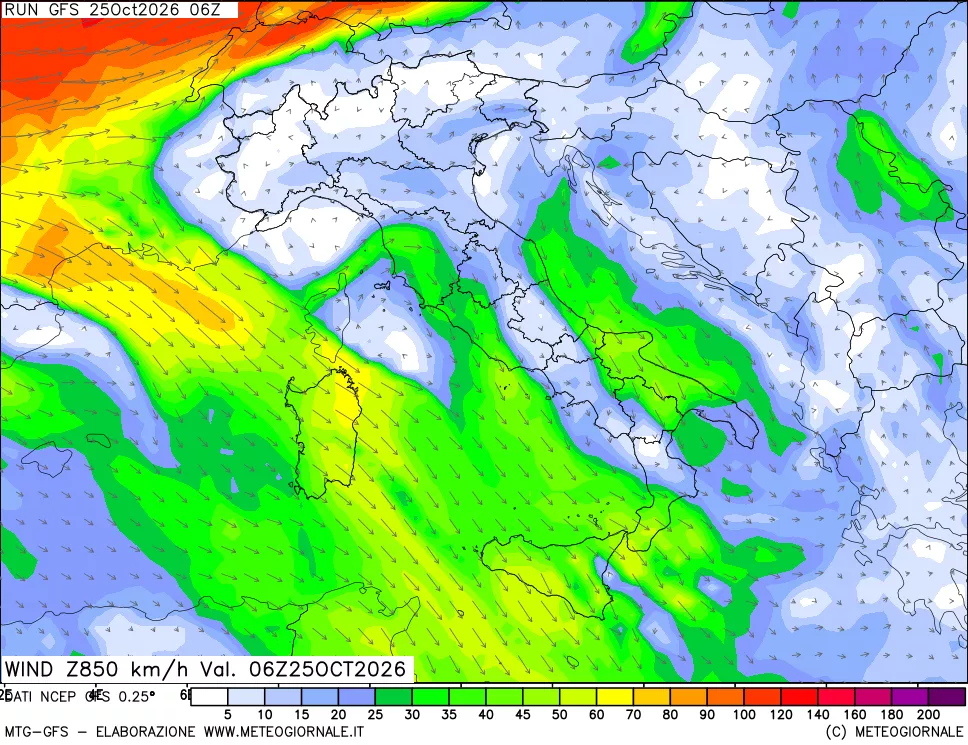 mappa 850 hPa Vento forza e direzione