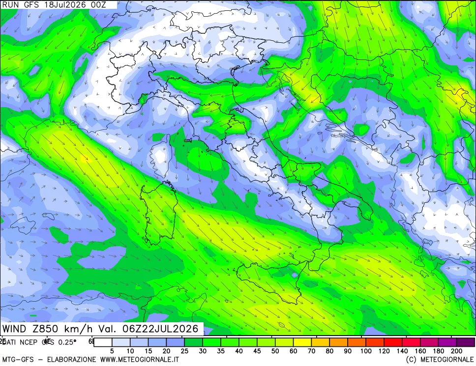 mappa 850 hPa Vento forza e direzione