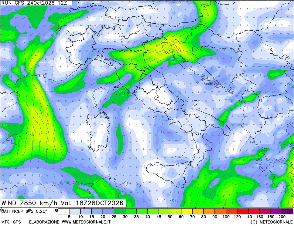 mappa 850 hPa Vento forza e direzione