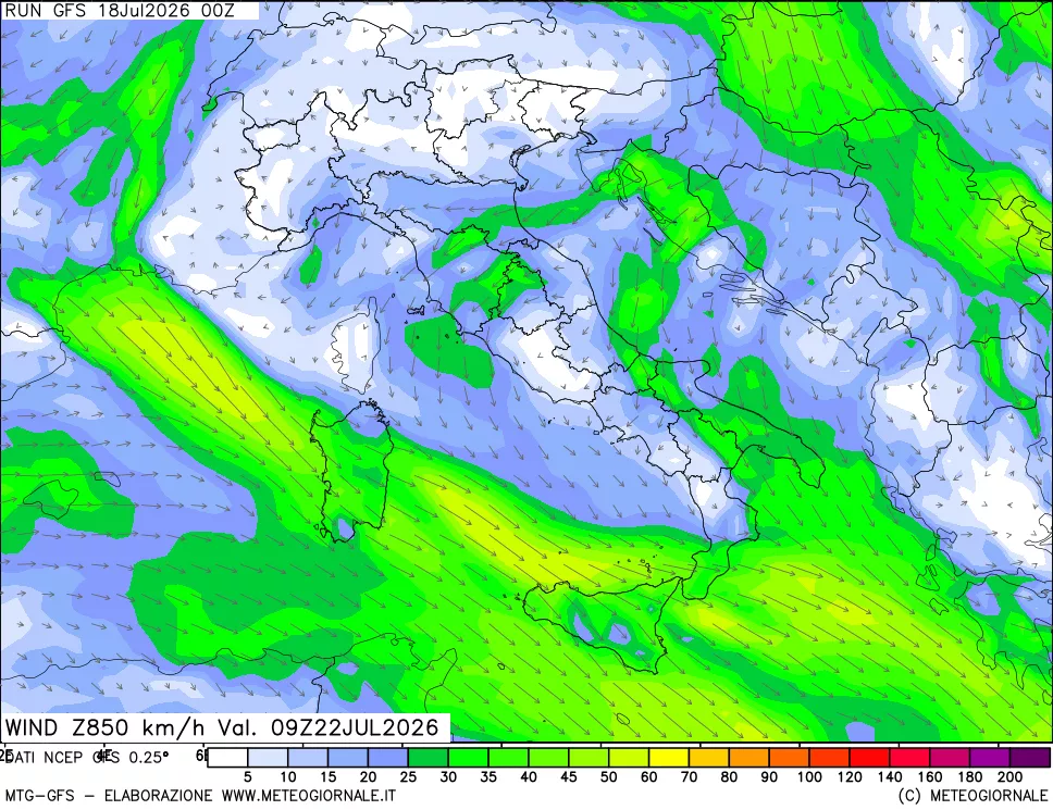 mappa 850 hPa Vento forza e direzione