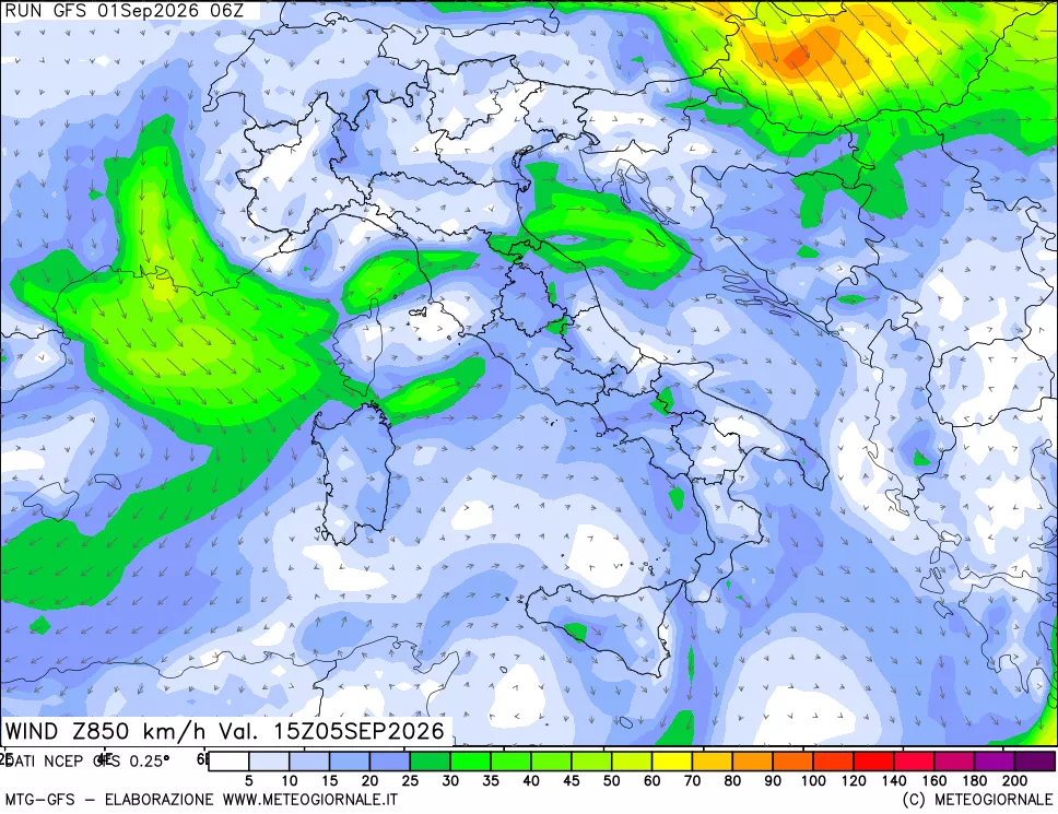 mappa 850 hPa Vento forza e direzione
