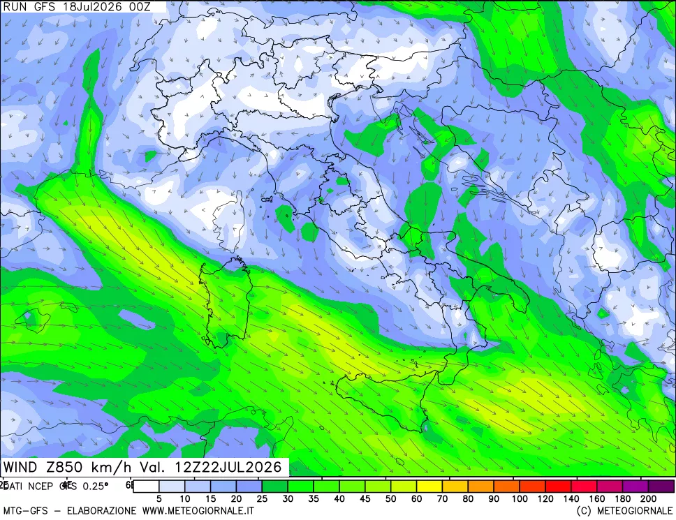 mappa 850 hPa Vento forza e direzione