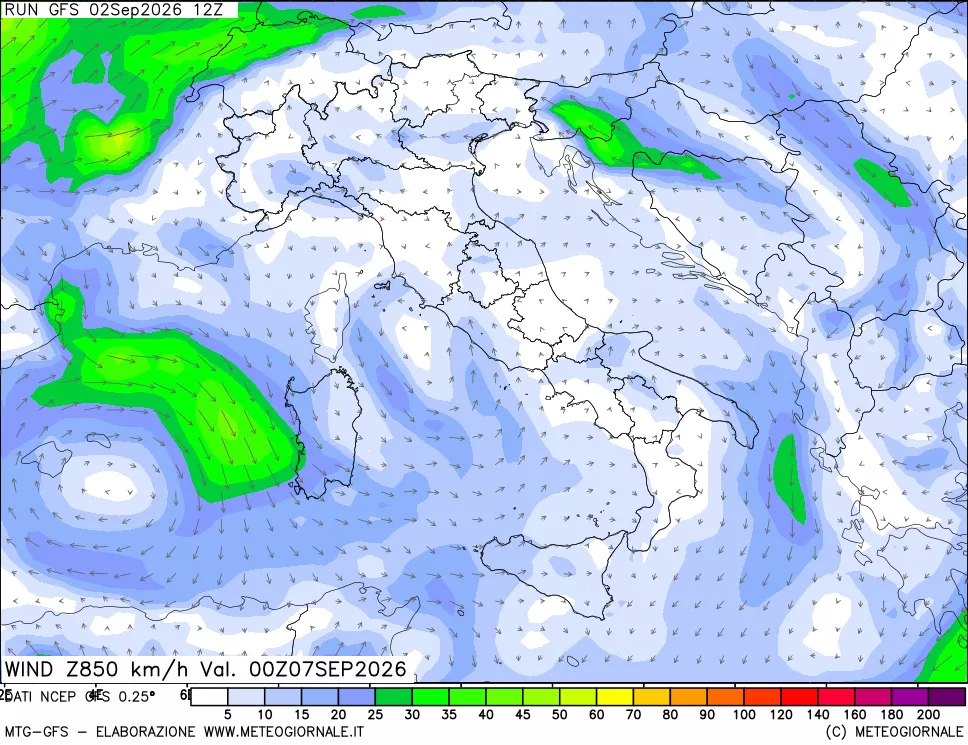 mappa 850 hPa Vento forza e direzione