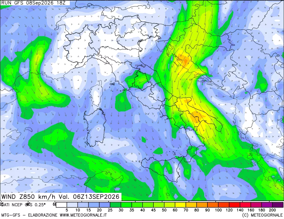 mappa 850 hPa Vento forza e direzione