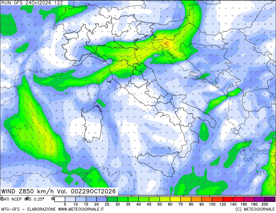 mappa 850 hPa Vento forza e direzione