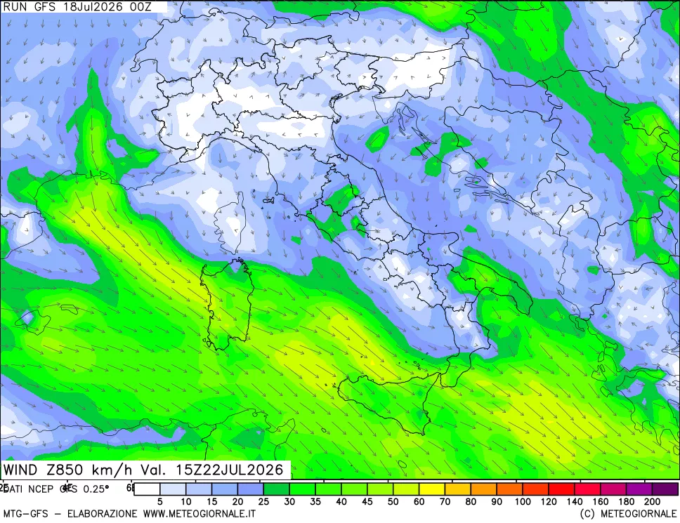 mappa 850 hPa Vento forza e direzione