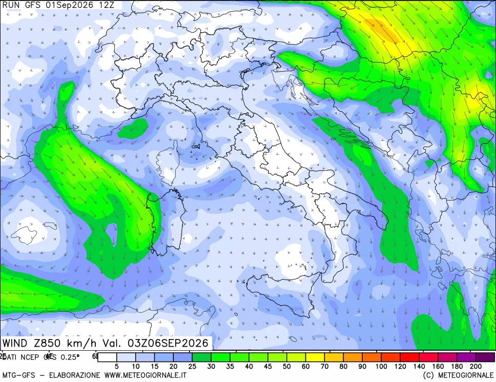 mappa 850 hPa Vento forza e direzione