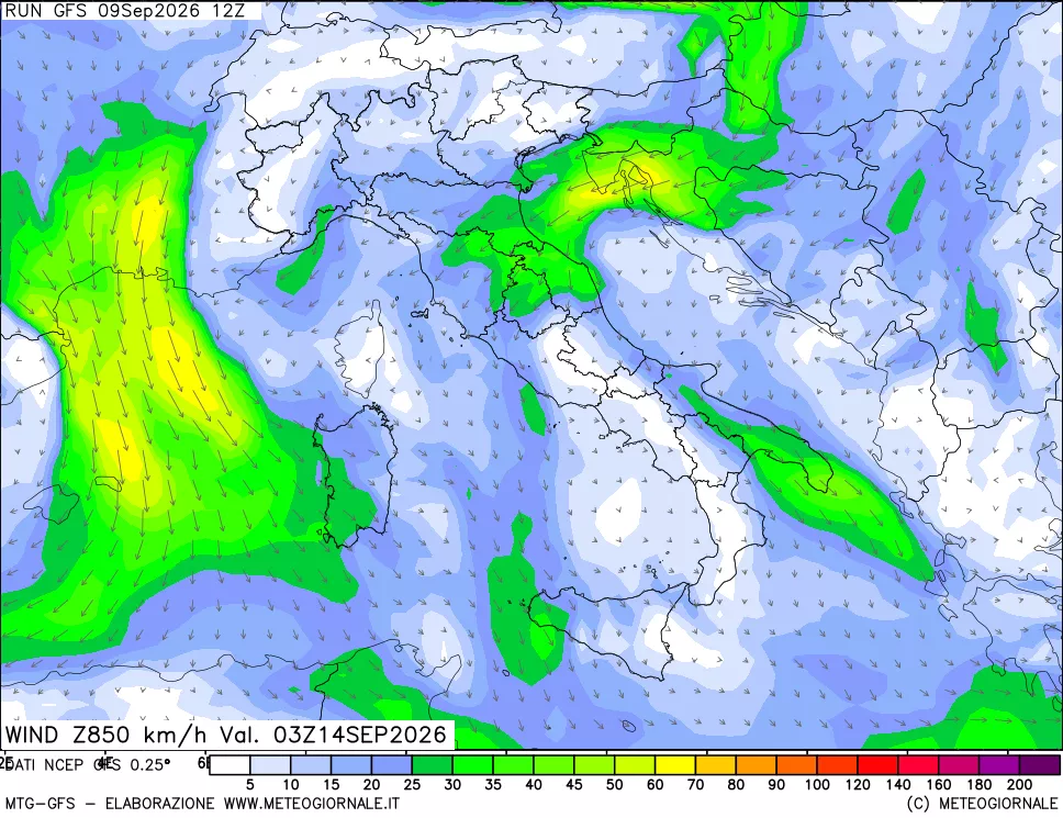 mappa 850 hPa Vento forza e direzione
