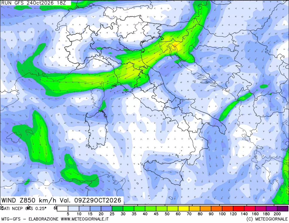 mappa 850 hPa Vento forza e direzione