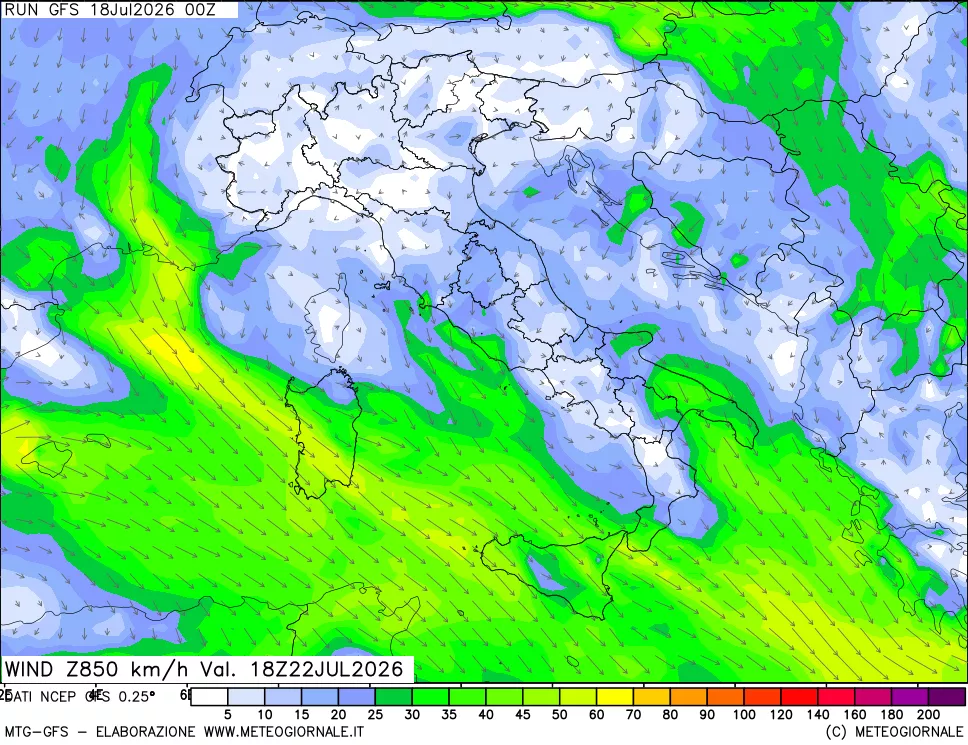 mappa 850 hPa Vento forza e direzione