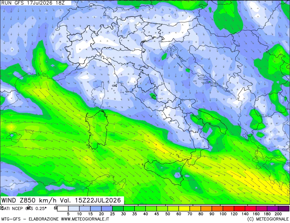 mappa 850 hPa Vento forza e direzione