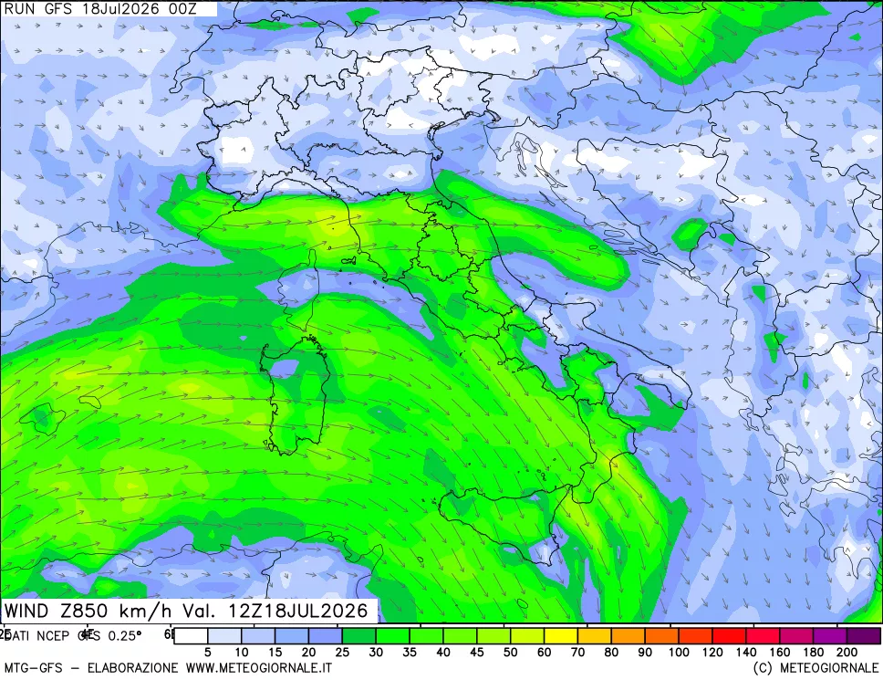 mappa 850 hPa Vento forza e direzione