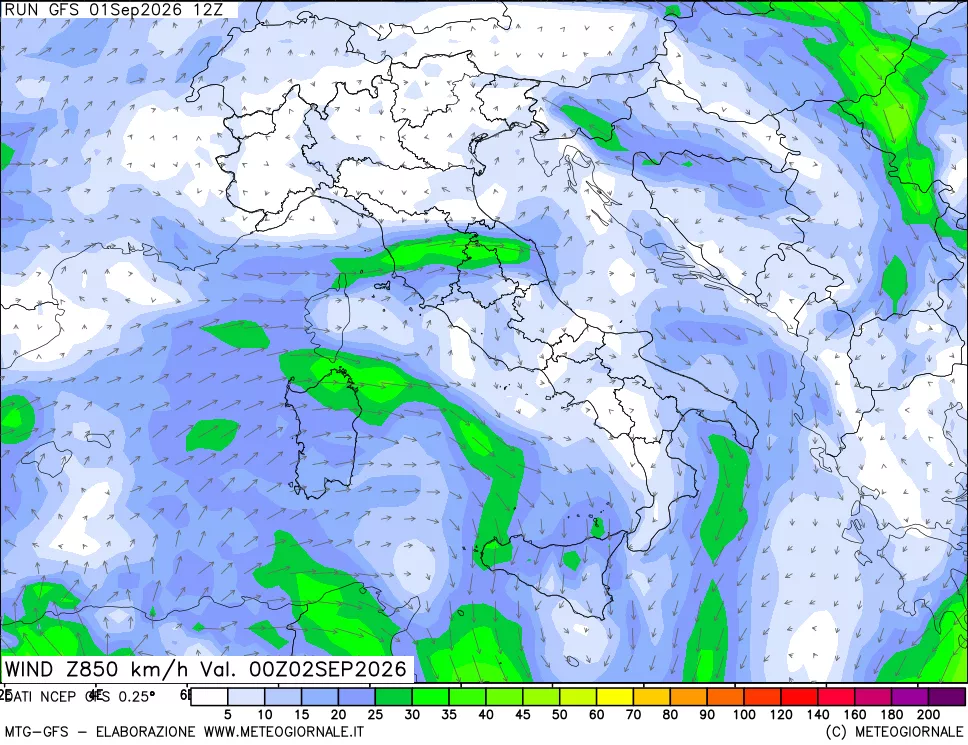 mappa 850 hPa Vento forza e direzione