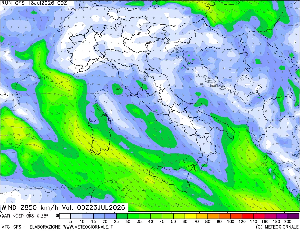 mappa 850 hPa Vento forza e direzione