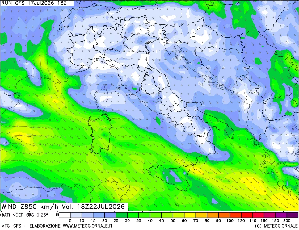 mappa 850 hPa Vento forza e direzione