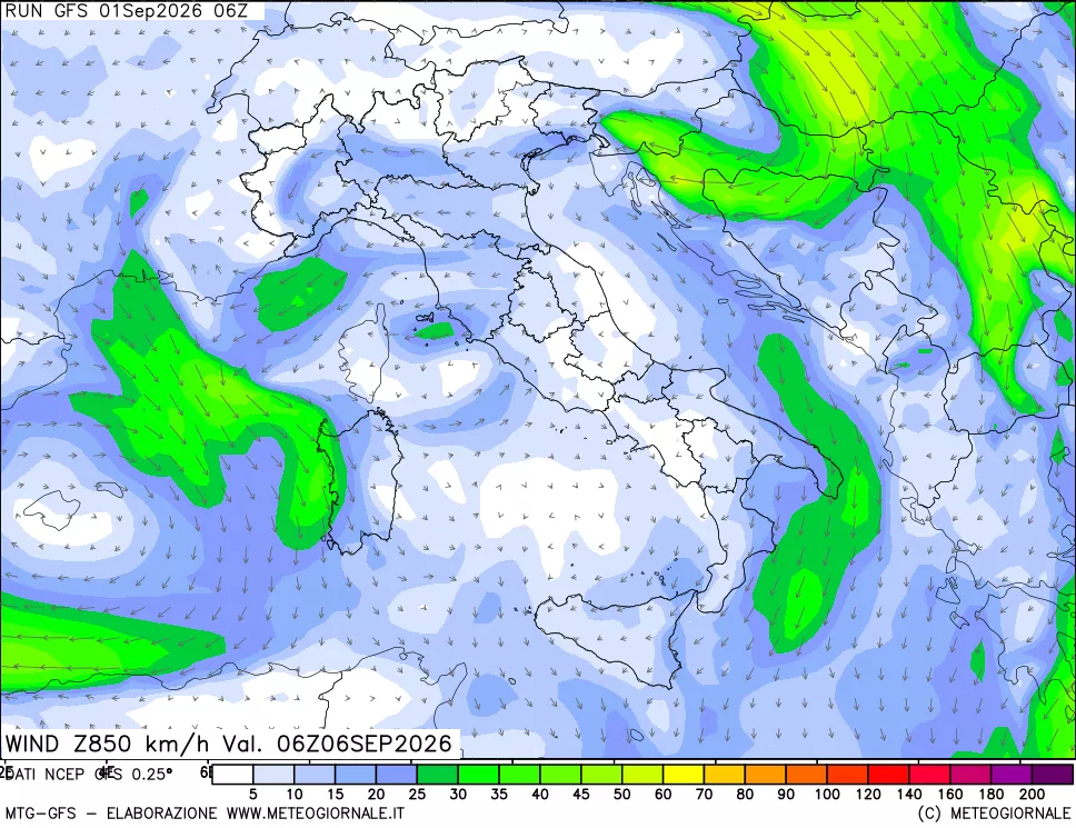 mappa 850 hPa Vento forza e direzione