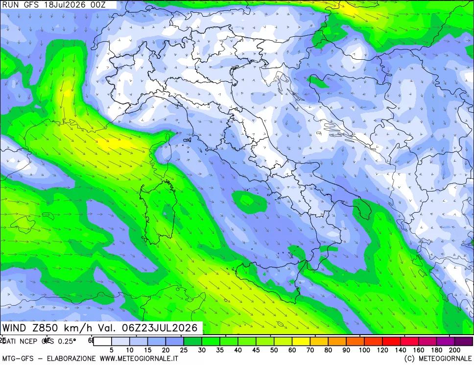 mappa 850 hPa Vento forza e direzione