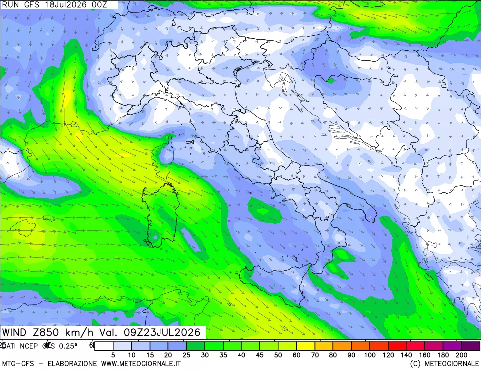 mappa 850 hPa Vento forza e direzione