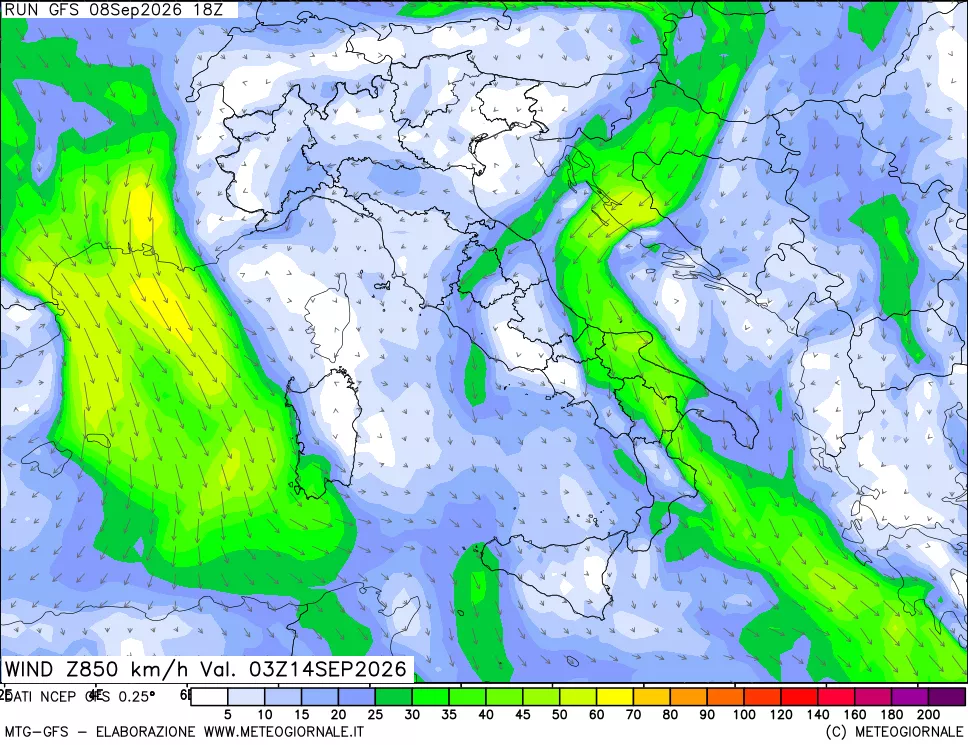 mappa 850 hPa Vento forza e direzione