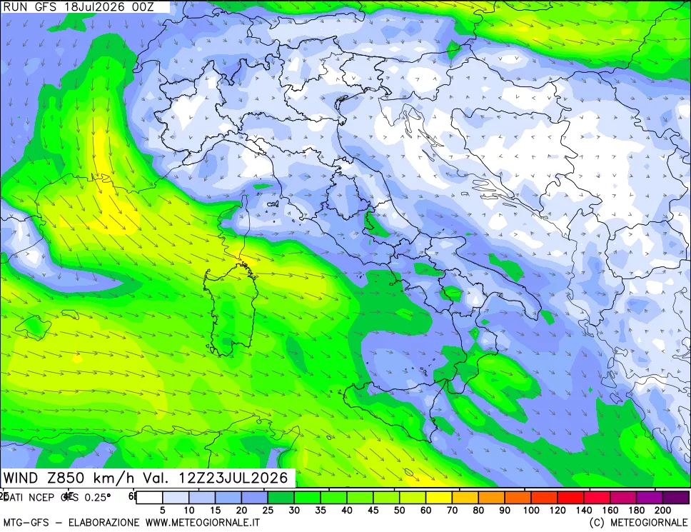 mappa 850 hPa Vento forza e direzione
