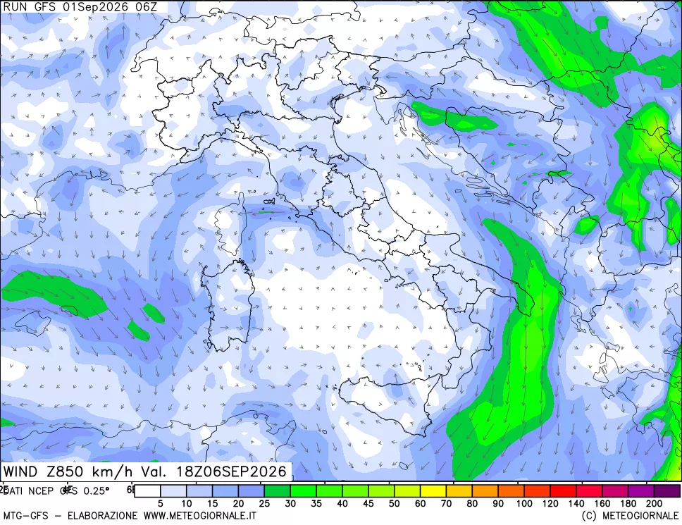 mappa 850 hPa Vento forza e direzione