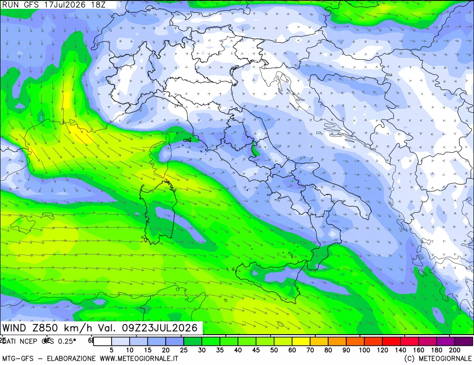 mappa 850 hPa Vento forza e direzione