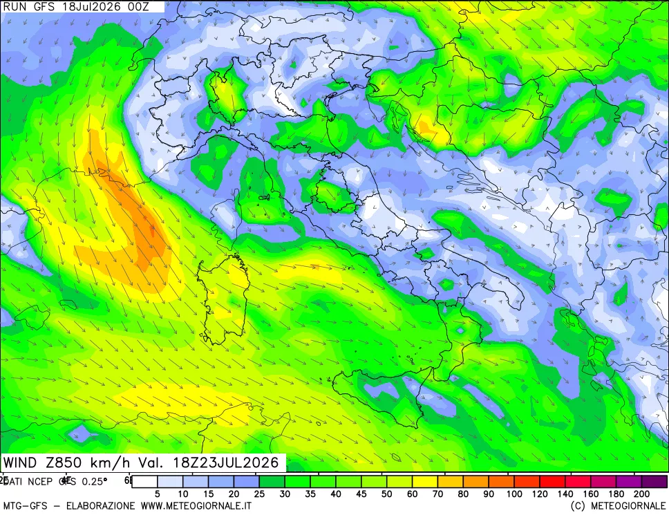mappa 850 hPa Vento forza e direzione