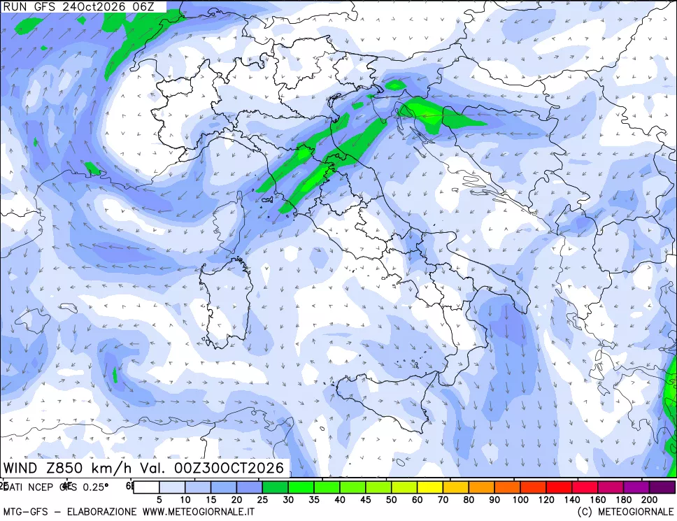 mappa 850 hPa Vento forza e direzione