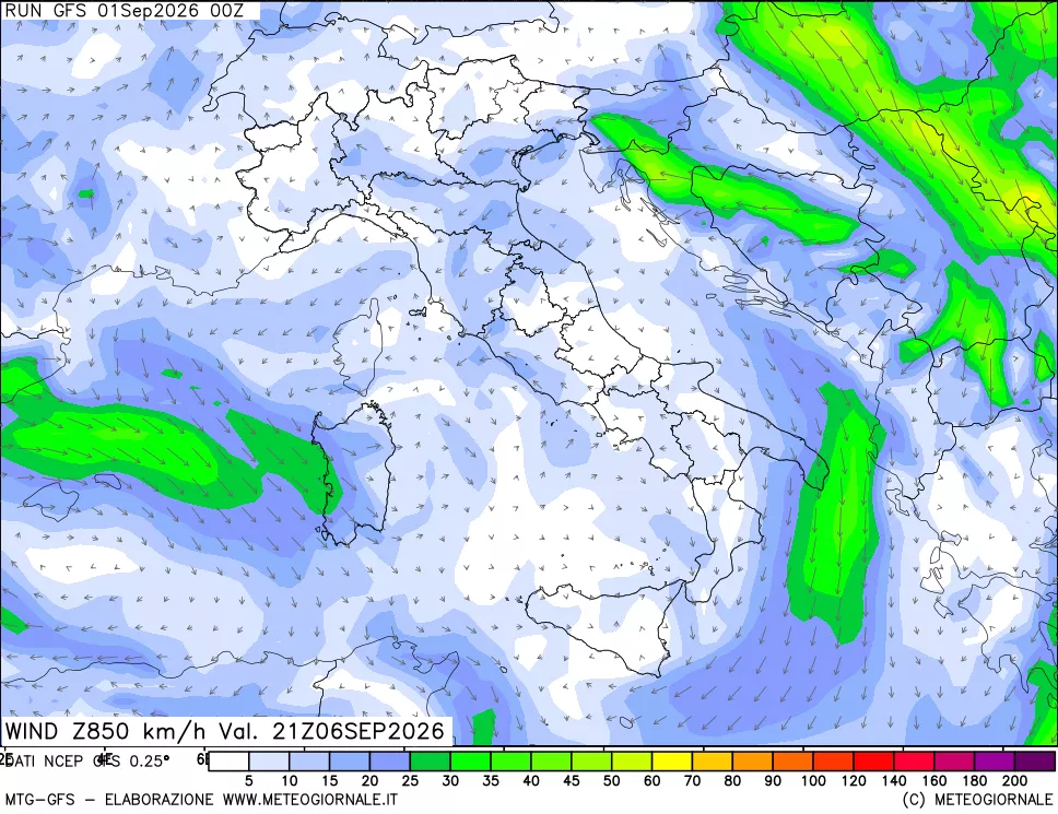mappa 850 hPa Vento forza e direzione