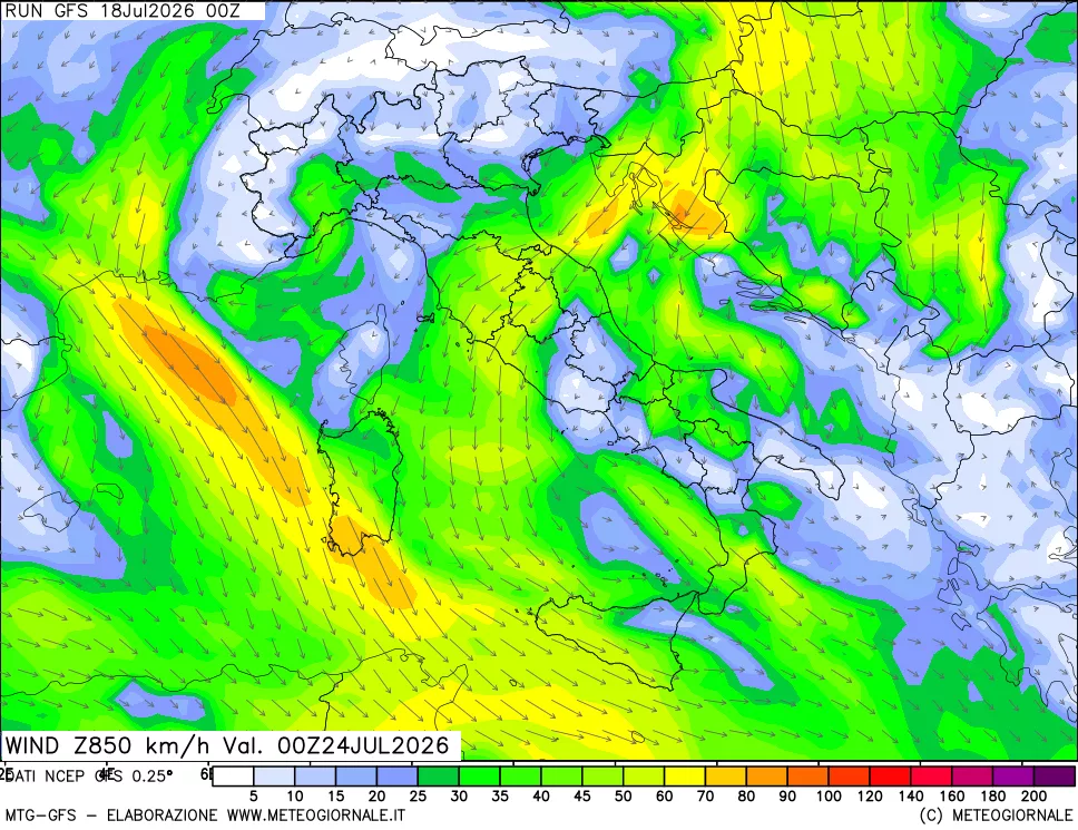 mappa 850 hPa Vento forza e direzione