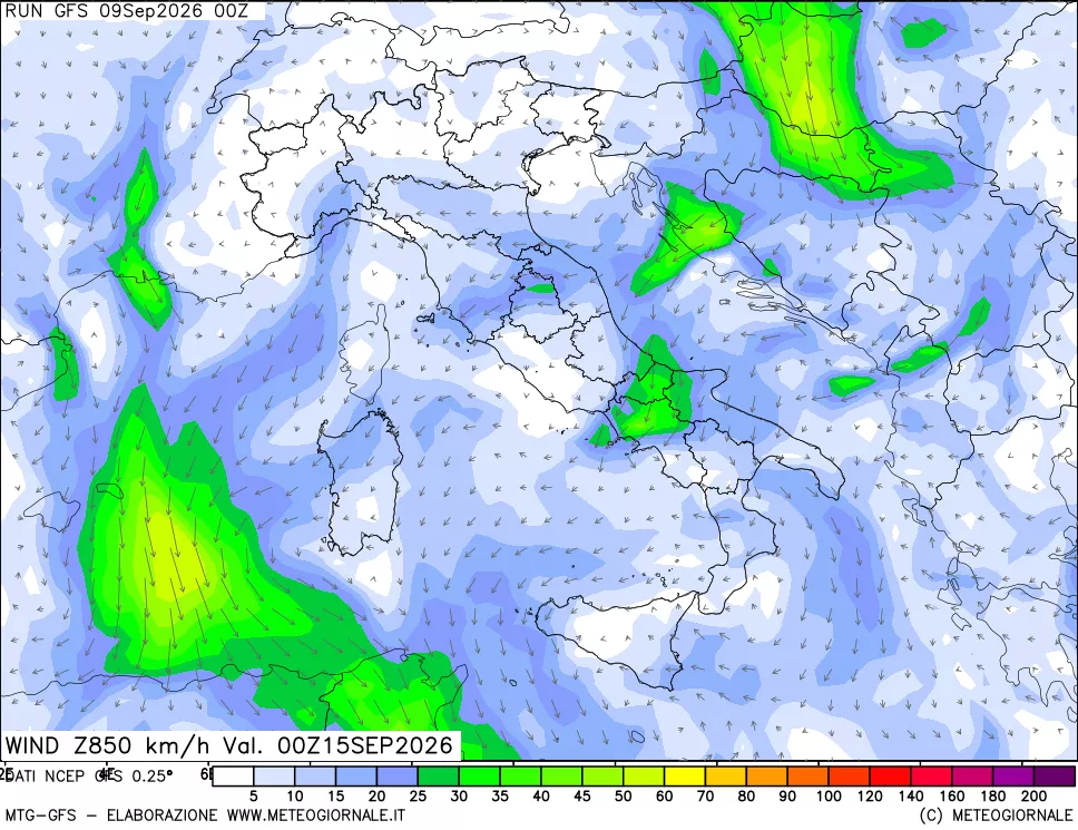 mappa 850 hPa Vento forza e direzione