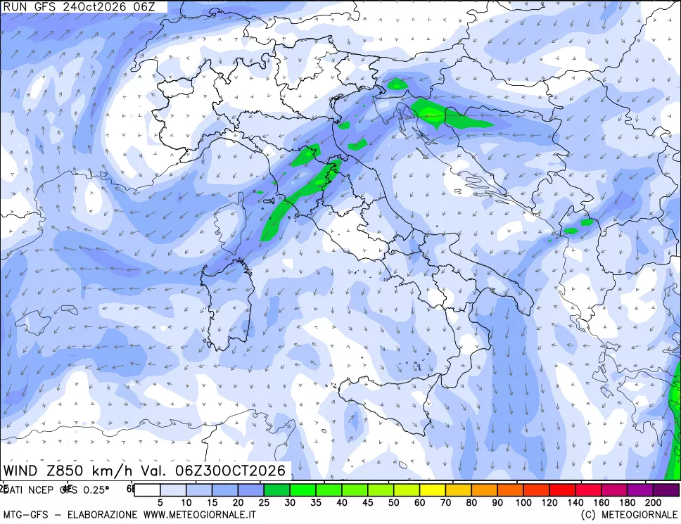 mappa 850 hPa Vento forza e direzione