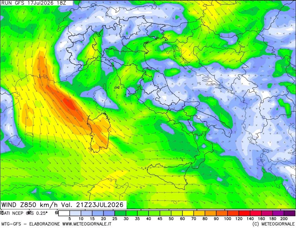 mappa 850 hPa Vento forza e direzione
