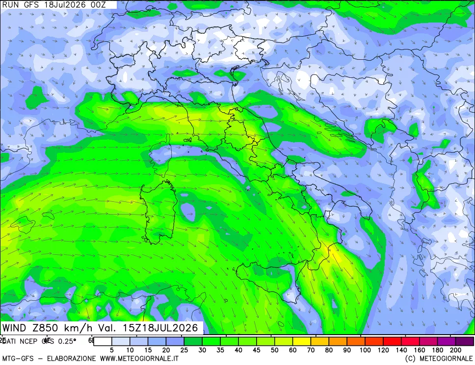 mappa 850 hPa Vento forza e direzione