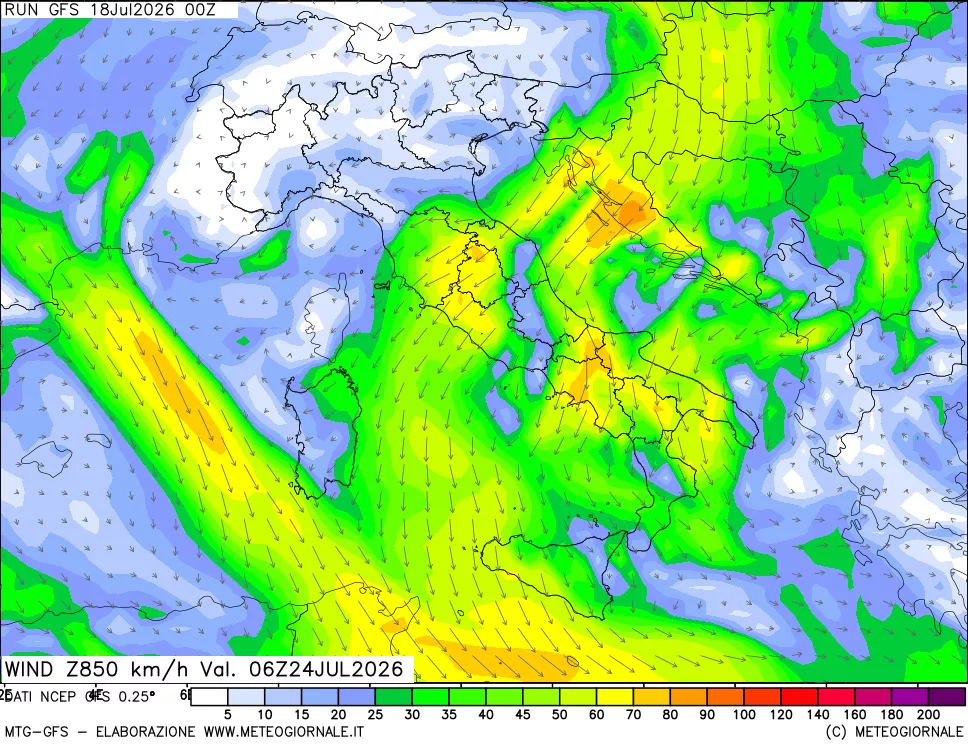 mappa 850 hPa Vento forza e direzione
