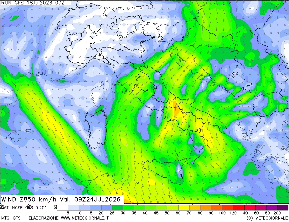 mappa 850 hPa Vento forza e direzione