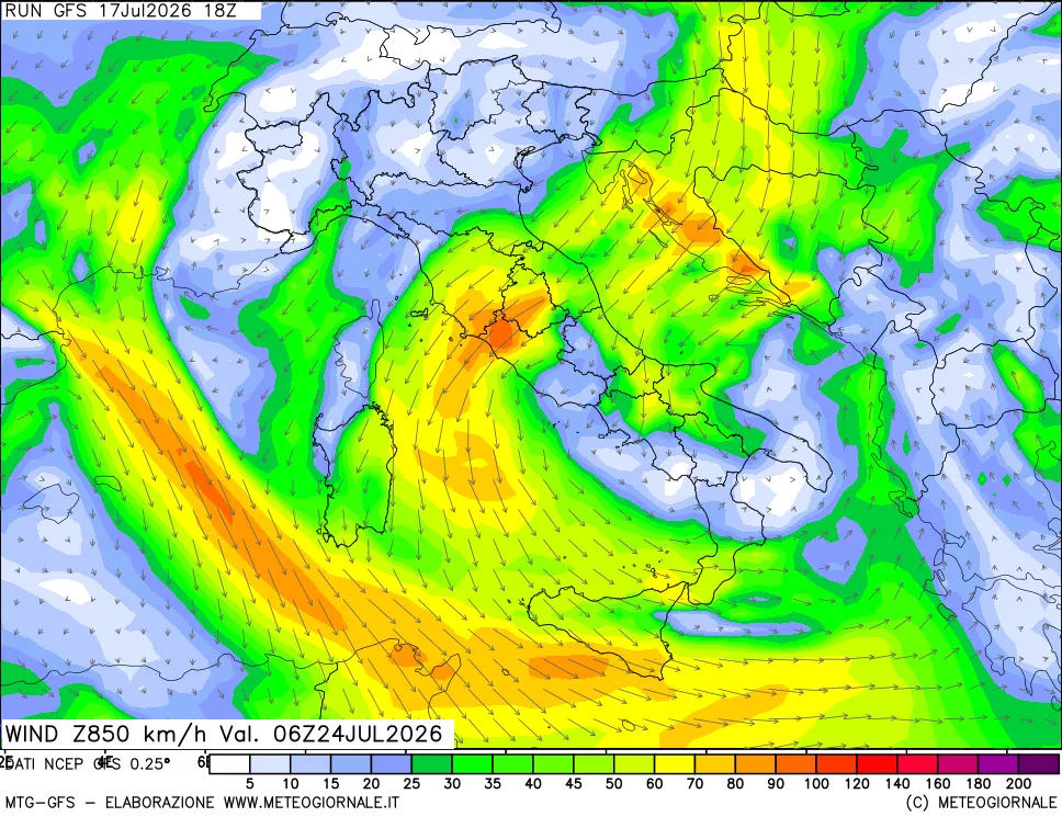 mappa 850 hPa Vento forza e direzione