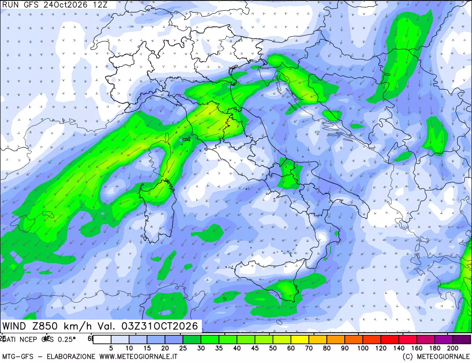 mappa 850 hPa Vento forza e direzione