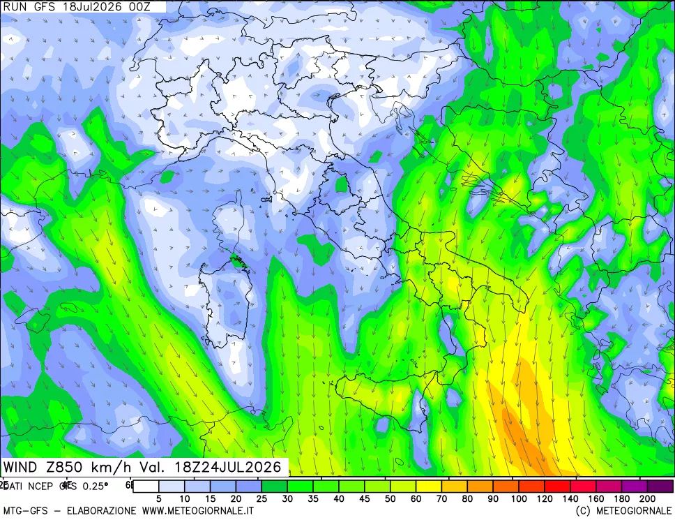mappa 850 hPa Vento forza e direzione