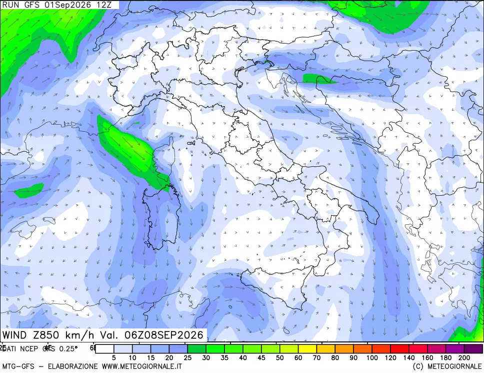 mappa 850 hPa Vento forza e direzione