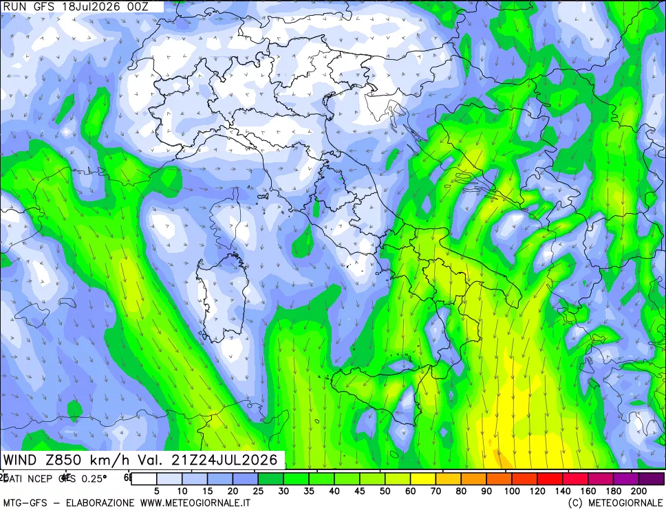 mappa 850 hPa Vento forza e direzione