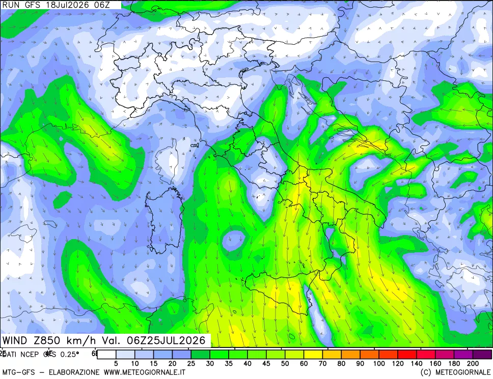 mappa 850 hPa Vento forza e direzione