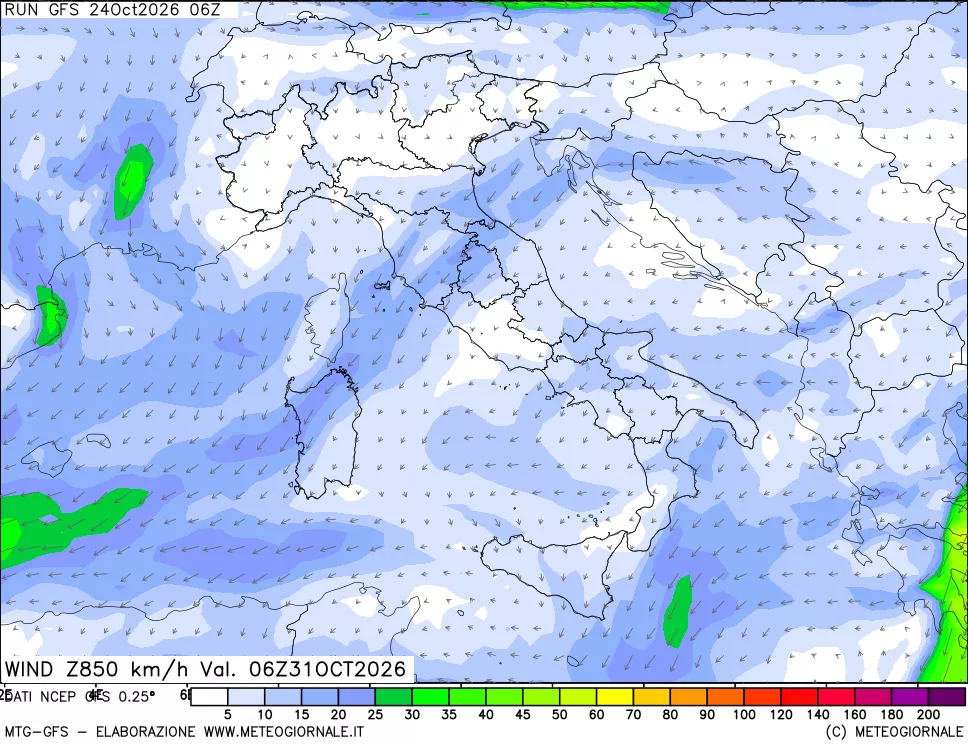 mappa 850 hPa Vento forza e direzione