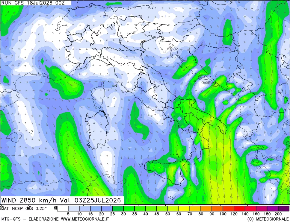 mappa 850 hPa Vento forza e direzione