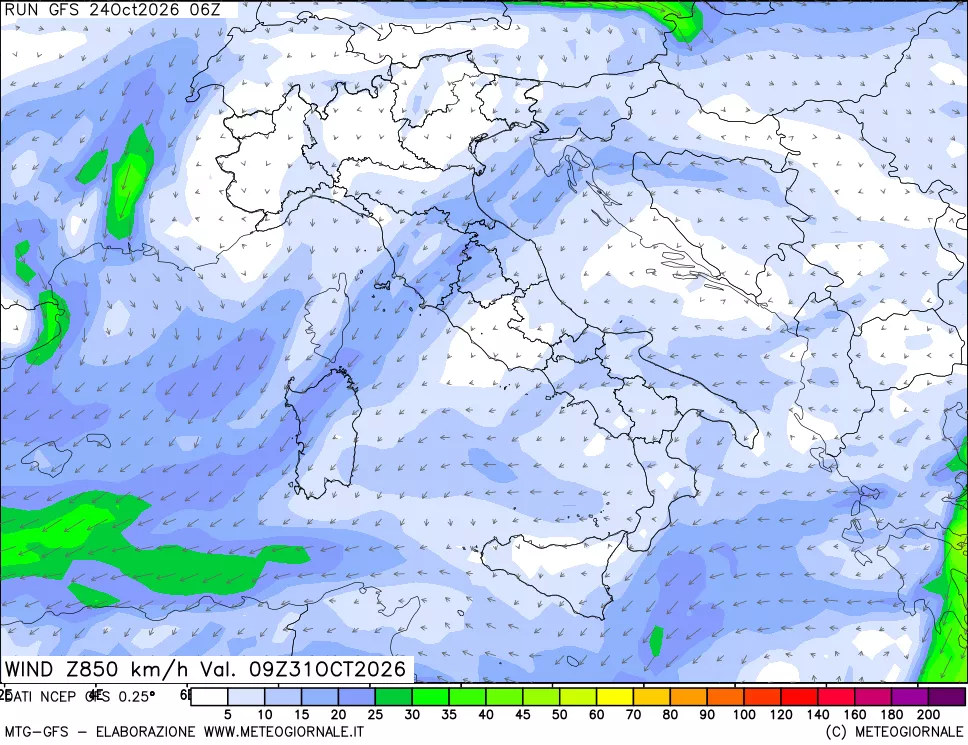 mappa 850 hPa Vento forza e direzione